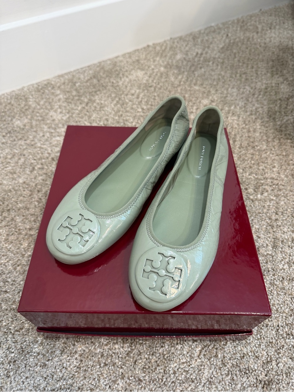 Tory Burch Mint Green Patent Leather Logo Ballet Flats